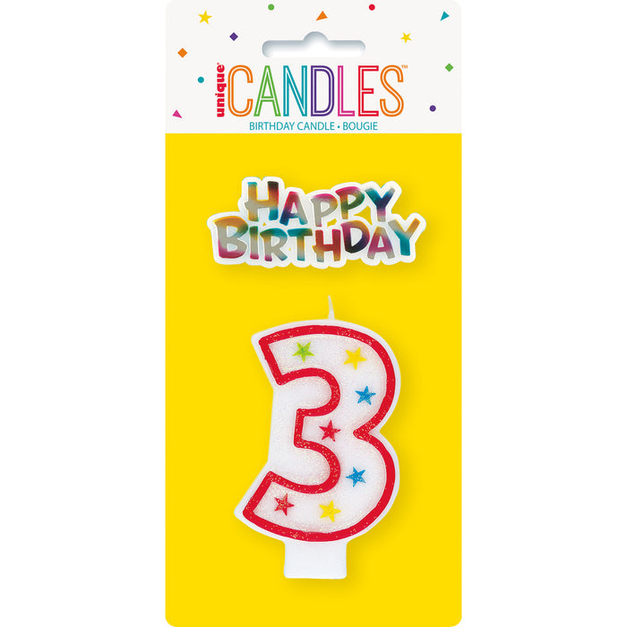 Numeral Candle With Happy Birthday Cake Topper - 3