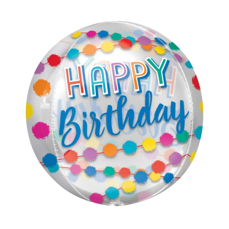 Orbz Balloon XL Happy Birthday Rainbow Puffs Clear 38cm
