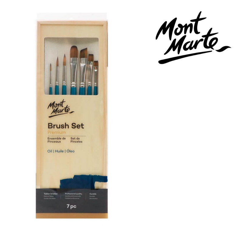 Mont Marte Oil Brush Set Taklon in wood Brush Box 7pc