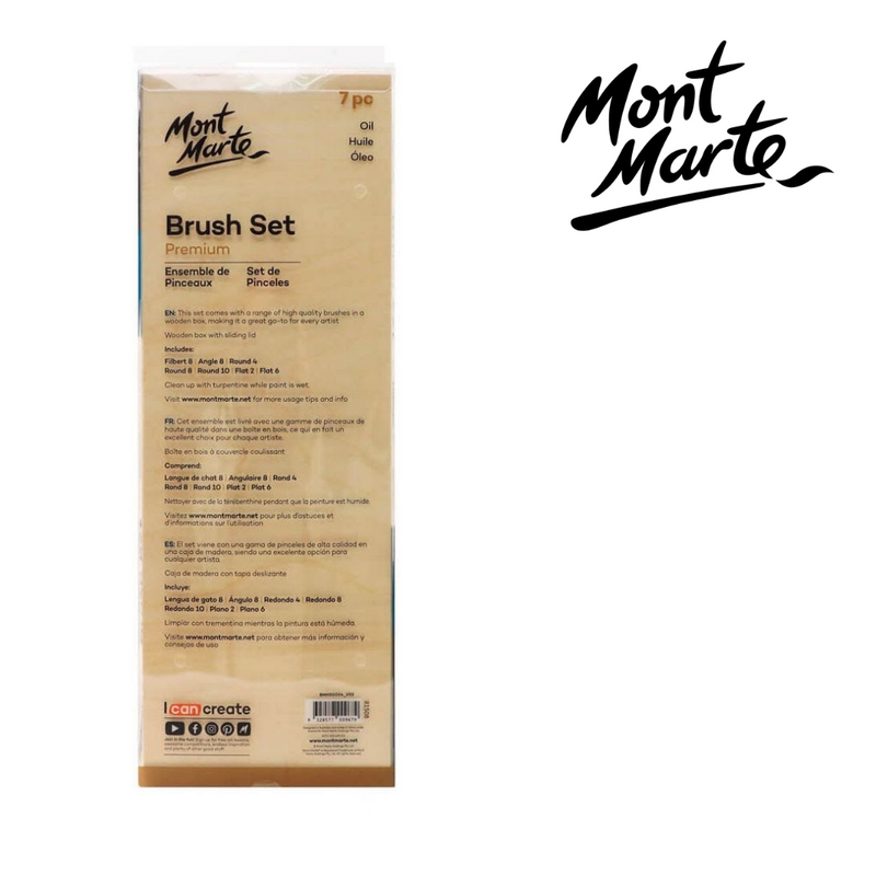 Mont Marte Oil Brush Set Taklon in wood Brush Box 7pc