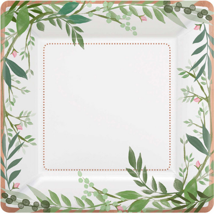 Love and Leaves 17cm Square Metallic Paper Plates Pk8