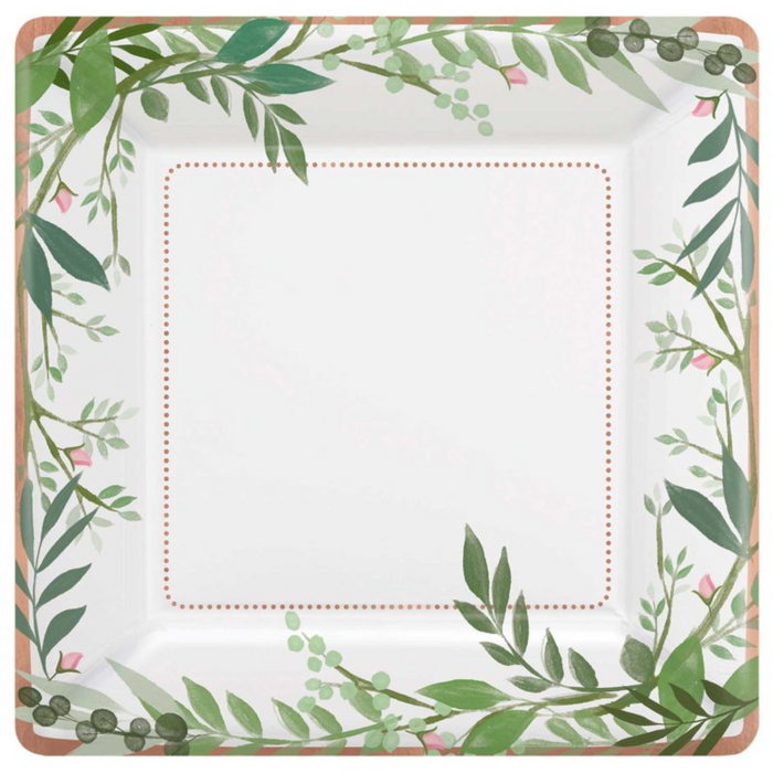 Love and Leaves 25cm Square Metallic Paper Plates Pk8