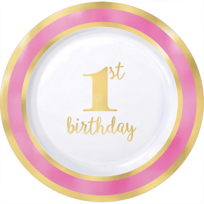 PARTY PLATES™ 1st Birthday Plates Hot Stamped Pink (19cm)