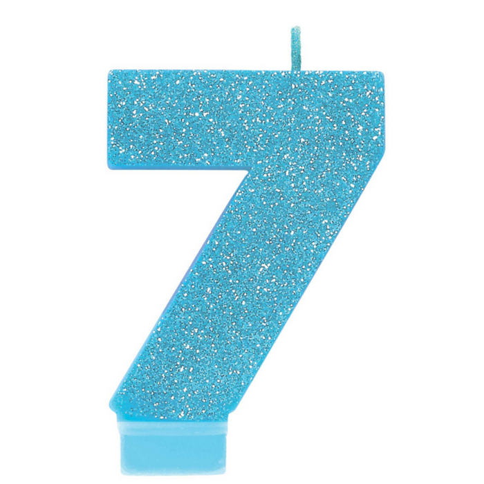 #7 Blue Gltr Numeral Candle