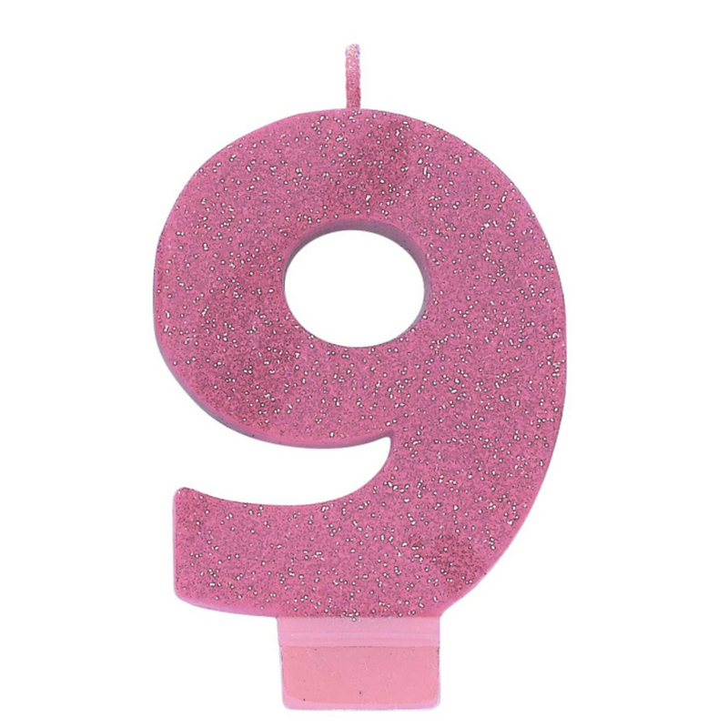 Candle Numeral 8cm Glitter Pink Number9