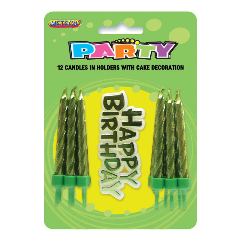 Candles 12pk Holders With Cake Decoratopn Green