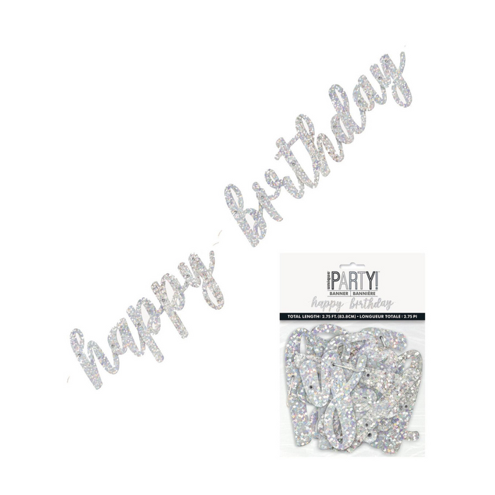 Happy Birthday Prismatic Silver Foil Script Jointed Banner 2.75ft