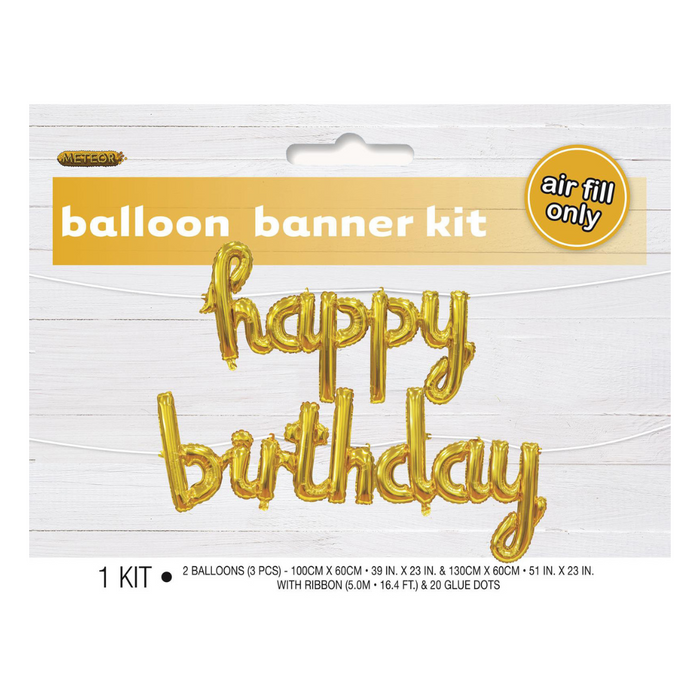 Happy Birthday Gold Balloon Banner With Ribbon 100cm x 60cm