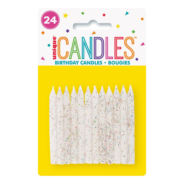 24 White With Glitter Spiral Candles