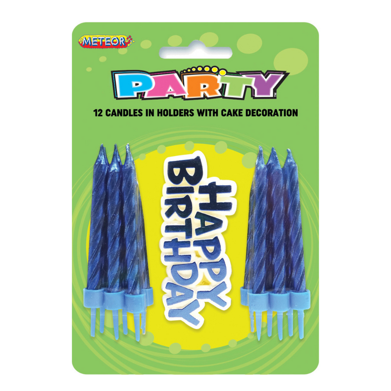 12 Candles In Holders With Cake Decoration - Blue