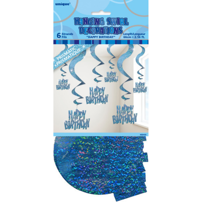 Glitz Blue 6 Prismatic Hanging Swirls 66cm - Happy Birthday