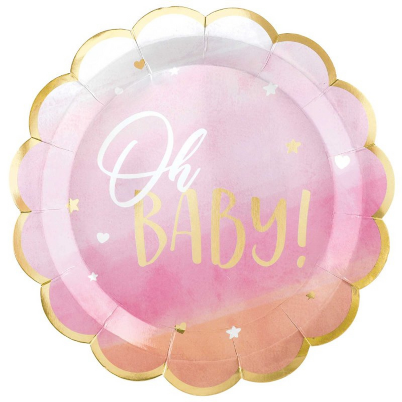 Oh Baby Girl Shaped Metallic Paper Plates 26cm 8pk