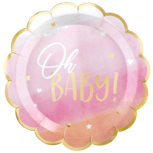 Oh Baby Girl Shaped Metallic Paper Plates 26cm 8pk