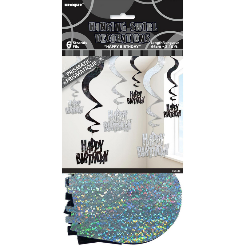 Glitz Black & Silver 6 Prismatic Hanging Swirls 66cm - Happy Birthday