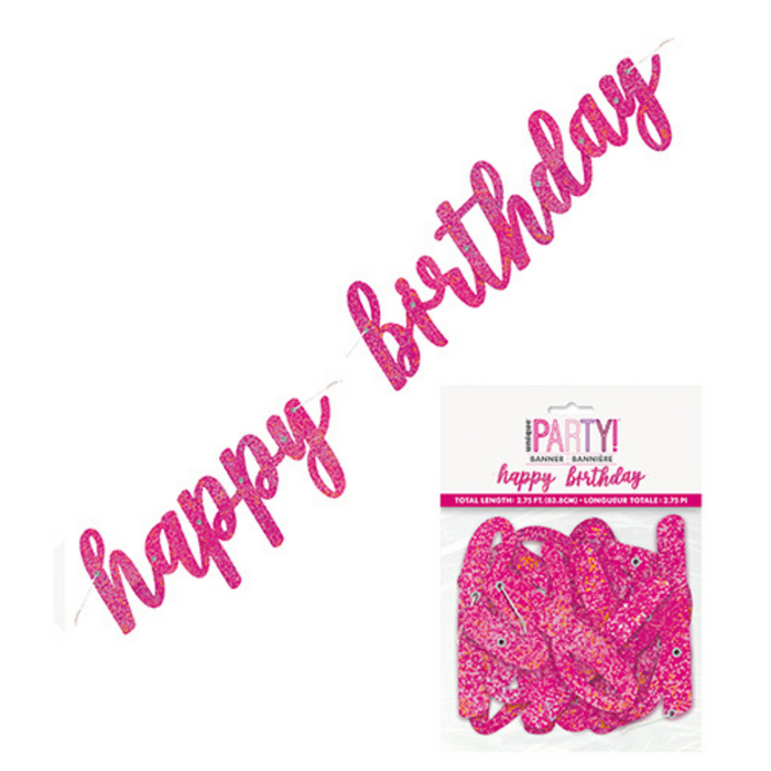 Happy Birthday Prismatic Pink Foil Script Jointed Banner 2.75ft