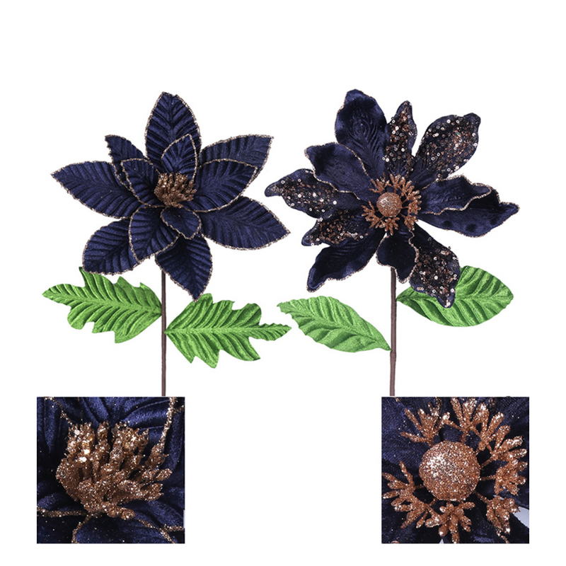 Midnight Blue Poinsettia Stem with Green Leaf 