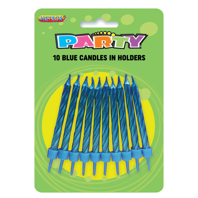 10 Metallic Candles In Holders - Blue