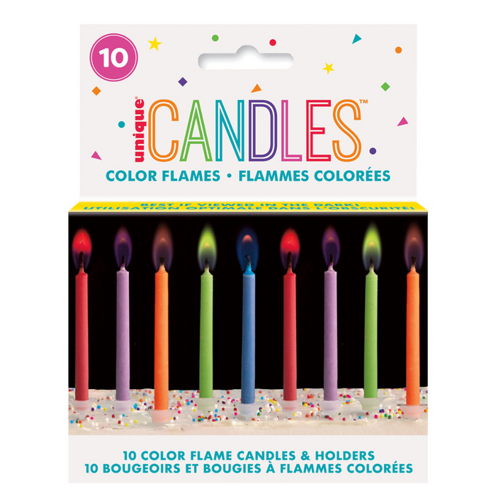10 Colour Flame Candles With Holders