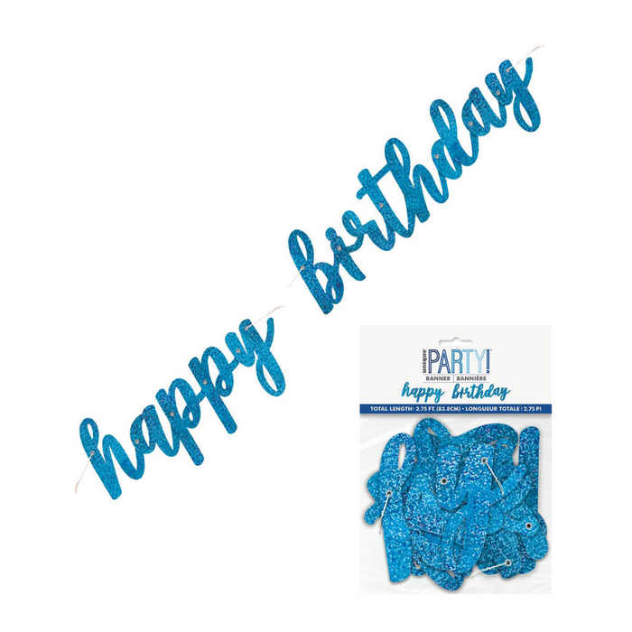Happy Birthday Prismatic Blue Foil Script Jointed Banner 2.75ft