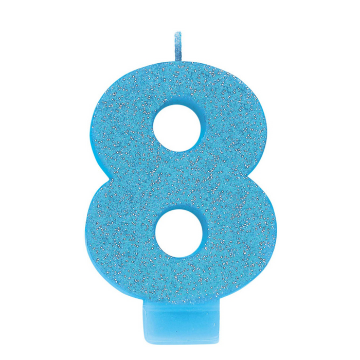 #8 Blue Gltr Numeral Candle