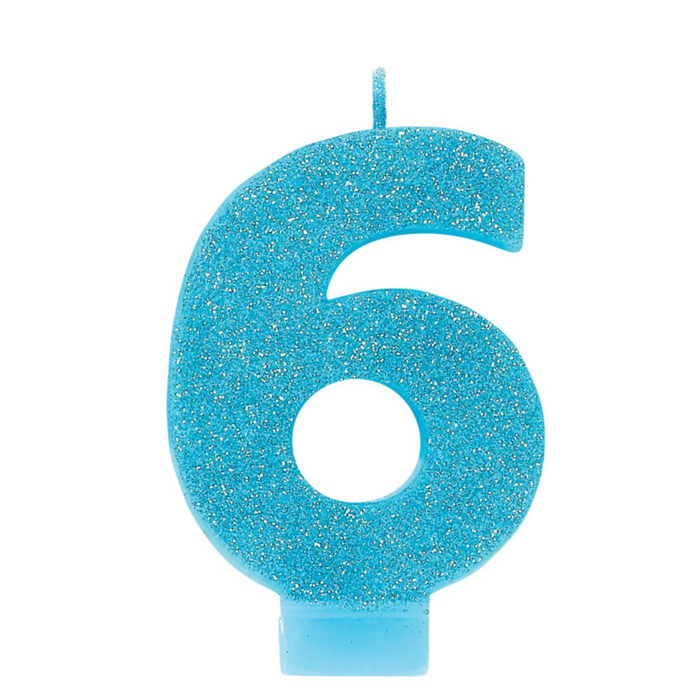 #6 Blue Gltr Numeral Candle