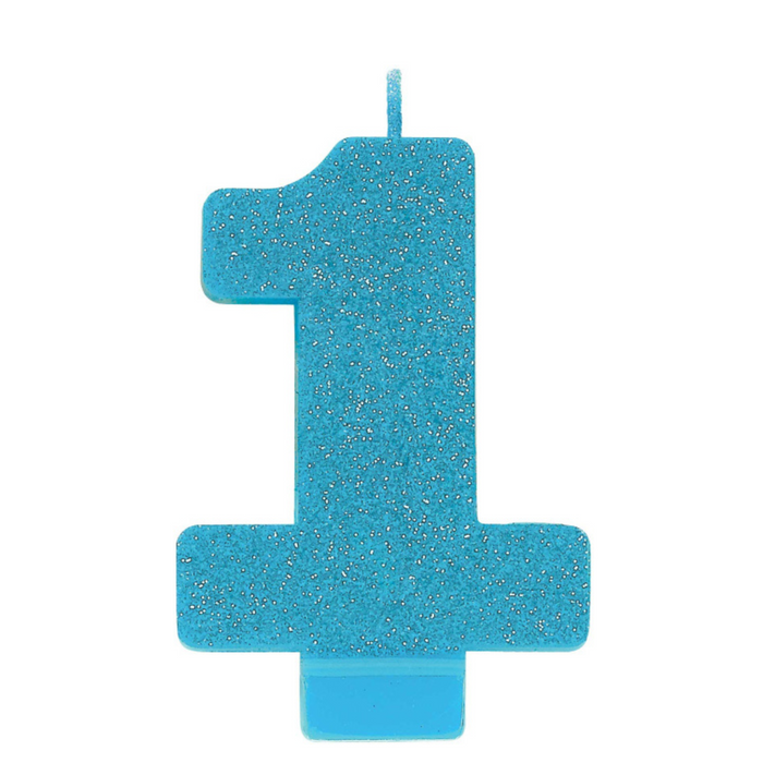 #1 Blue Gltr Numeral Candle