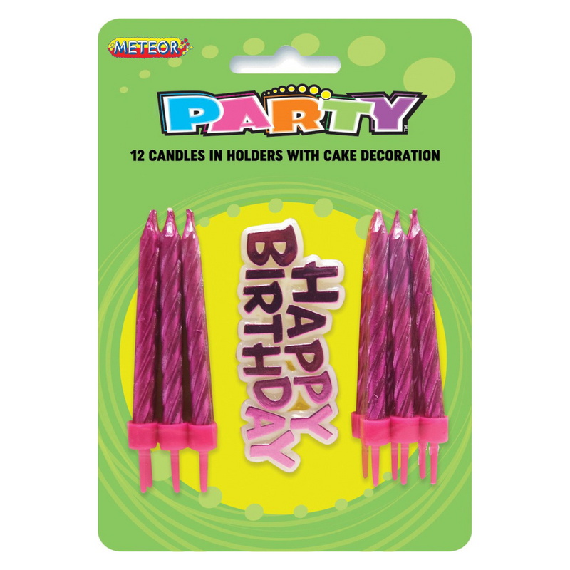 12 Candles In Holders With Cake Decoration - Pink