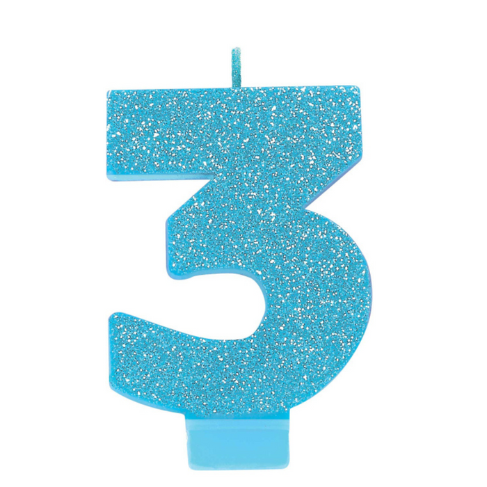 #3 Blue Gltr Numeral Candle