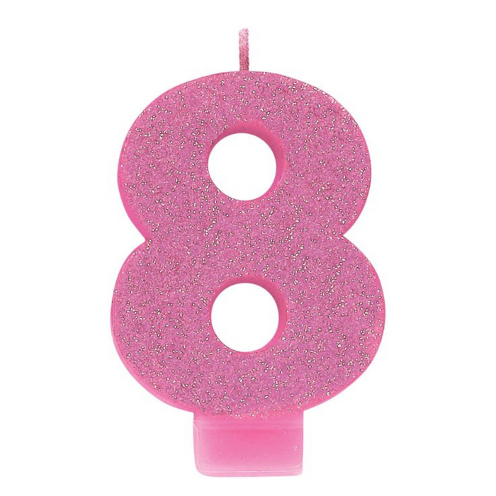 #8 Pink Gltr Numeral Candle