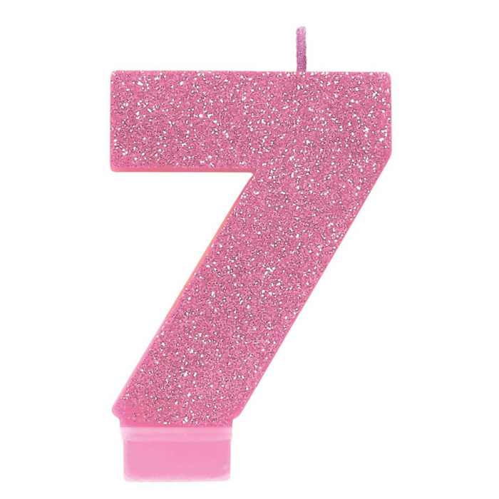 #7 Pink Gltr Numeral Candle