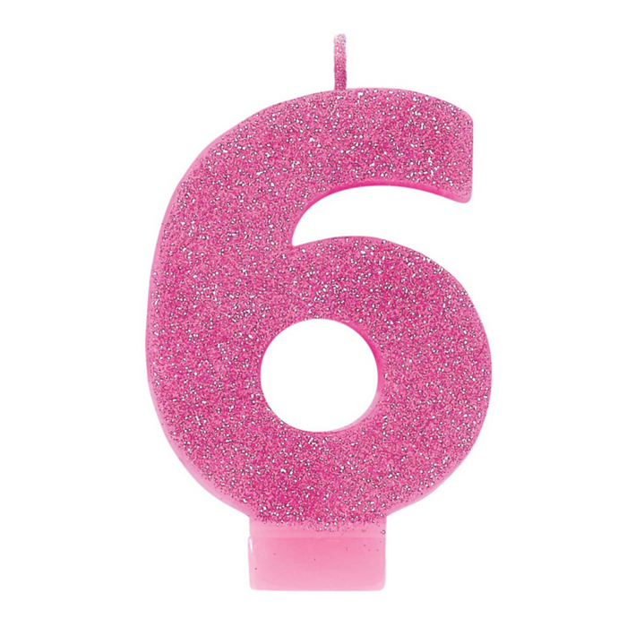 #6 Pink Gltr Numeral Candle