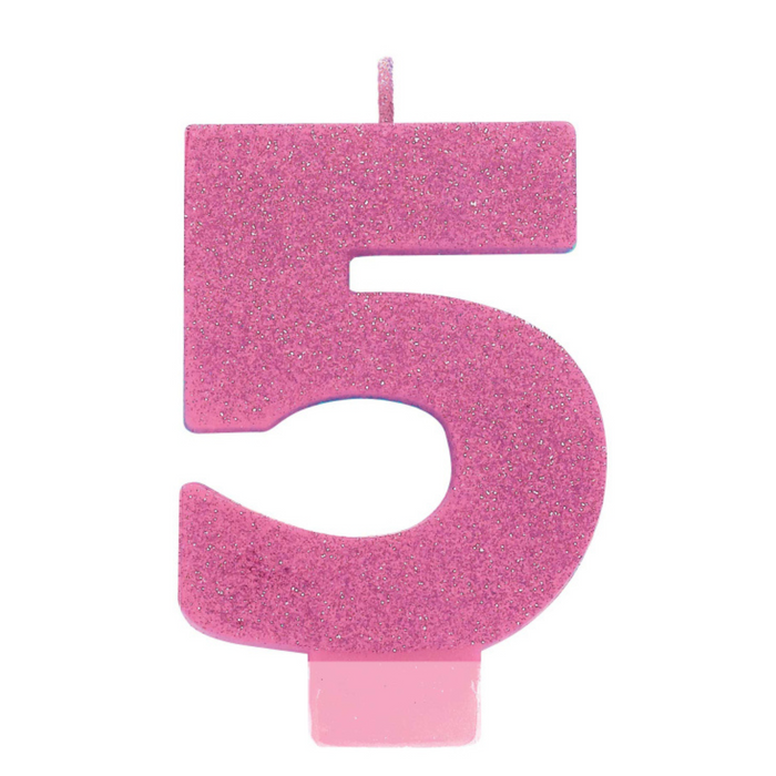 #5 Pink Gltr Numeral Candle