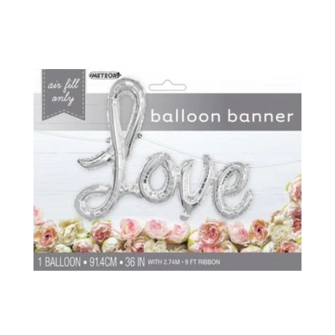 Love Silver Foil Balloon Banner With Ribbon 2.74m