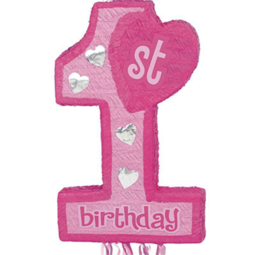 1st Birthday 3D Shape Pull String Pinata Pink