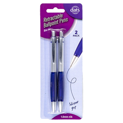 Pen Ballpoint Retractable with Silicone Grip Blue Ink 2pk