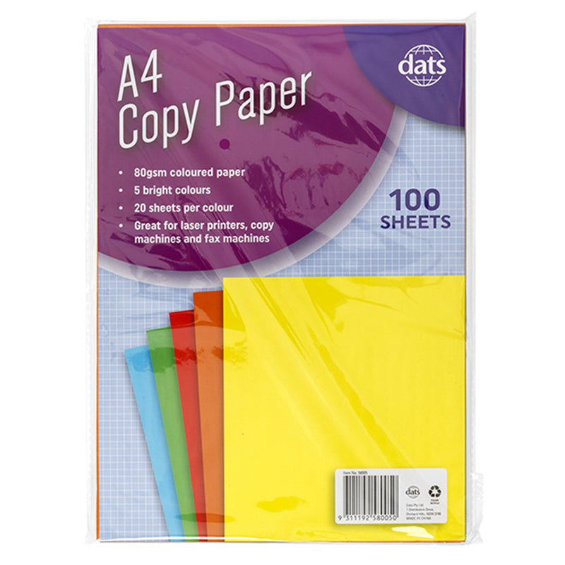 Paper Copy A4 5 Bright Cols 80gsm 100pk 210x297mm