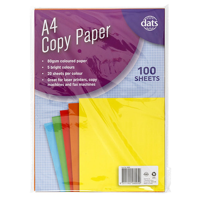 Paper Copy A4 5 Bright Cols 80gsm 100pk 210x297mm
