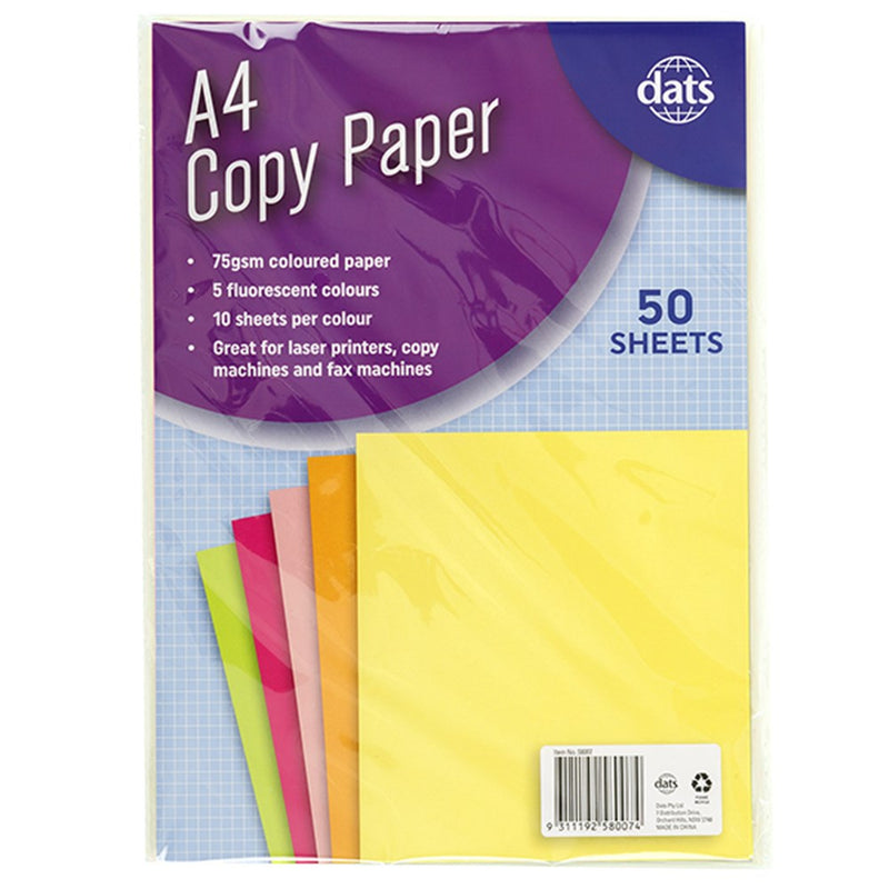 Paper Copy A4 5 Fluro Cols 75gsm 50pk 210x297mm