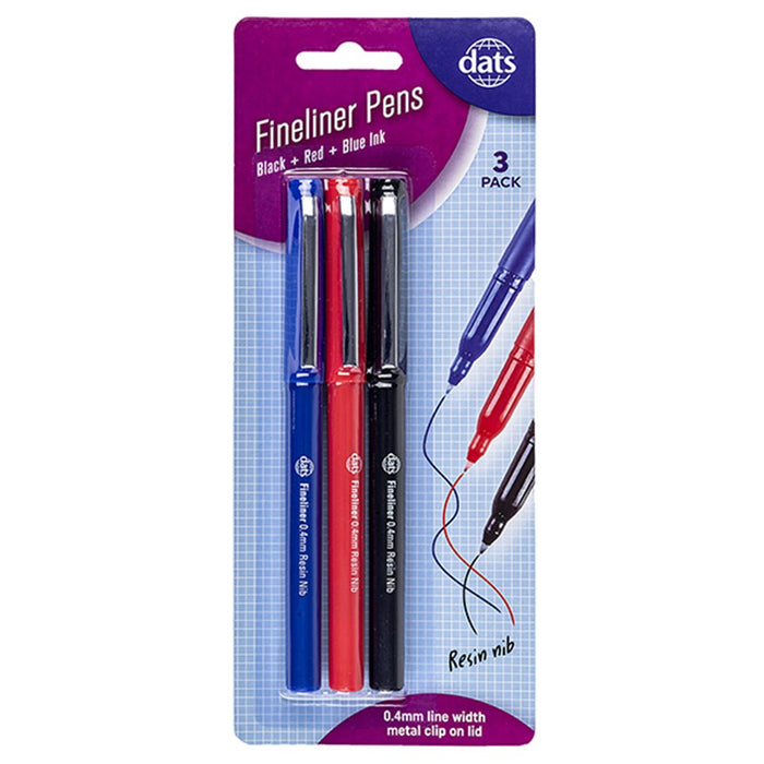 Pen Fineliner w/ Metal Clip Mixed Black Blue Red Ink 3pk