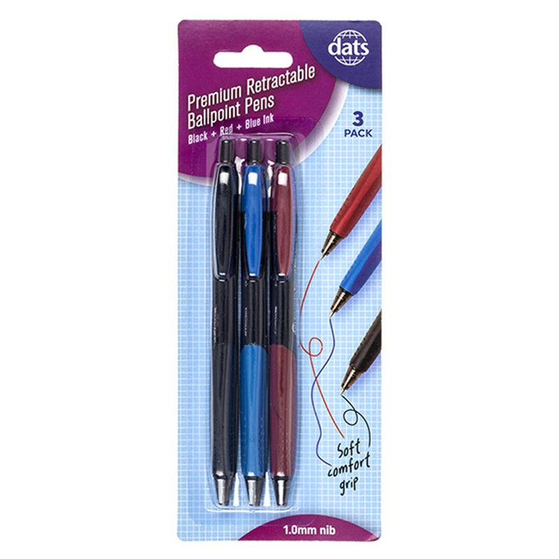 Pen Ballpoint Retractable Prem w/ Grip Mixed B/B/R Ink 3pk