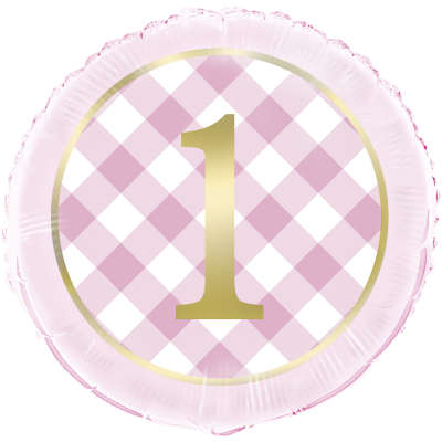 Pink Gingham 1st Bday Round Foil Balloon 45cm