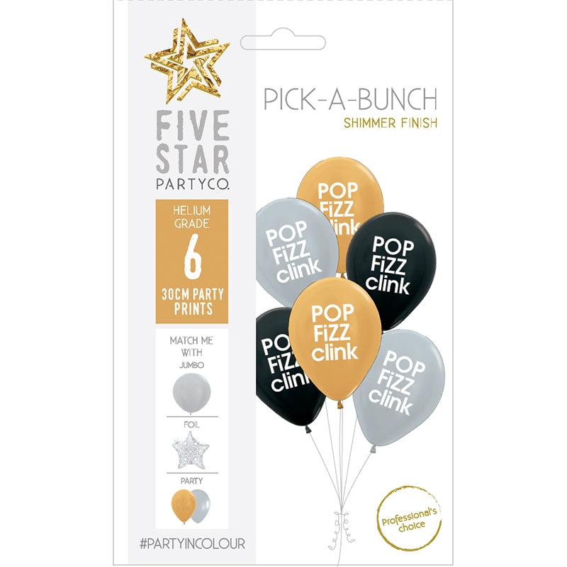 PICK A BUNCH Pop Fizz Clink 30cm BK, SL & Gold 6pk