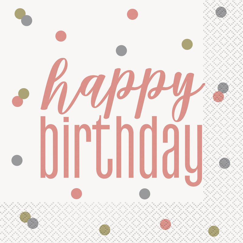 Happy Bday Luncheon Napkins Rose Gold 2ply