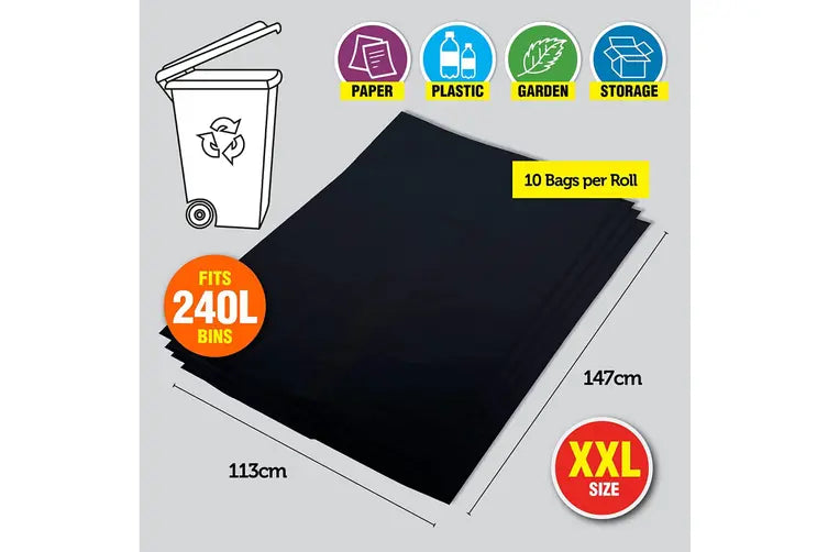 Bin Liner Garbage Bag 240L Black 10pk