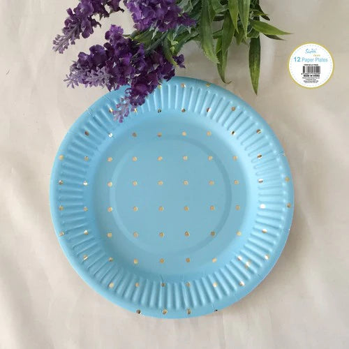 Dotty Paper Plate with Gold Foiled Blue 18cm 12pk