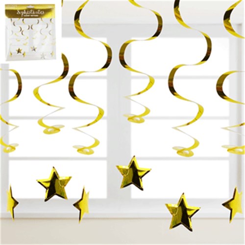 Metallic Gold Swirl Hanging Deco W/Star 6pk