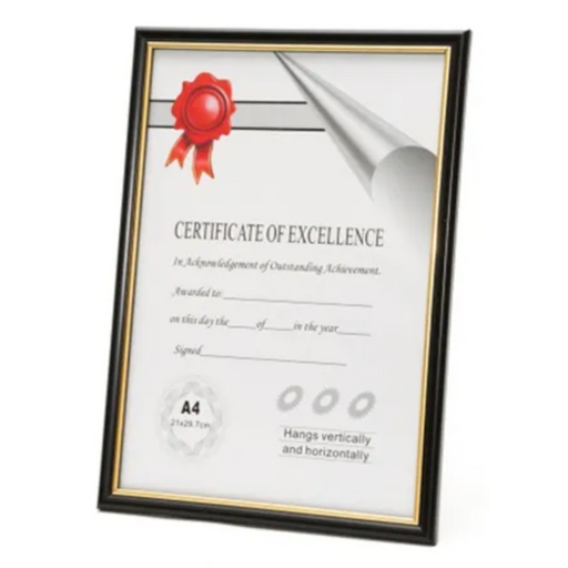 A4 certificate frame in black with gold detailing for diplomas and awards