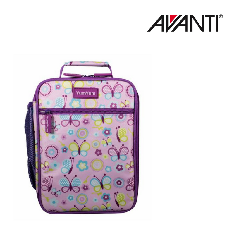 Avanti Yumyum Butterflies insulated lunch bag with butterfly print, reusable carry bag for school lunches.