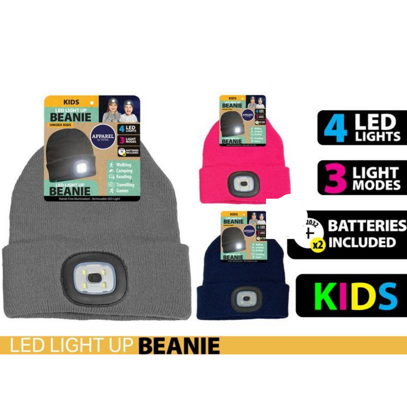 Kids knitted beanie with built-in 4 LED light and on/off function in assorted colours, warm light-up winter hat for outdoor visibility