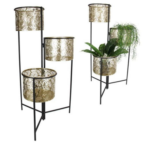 Ronis Black and Gold 3 Tier Pot Planter Stand with Fern Design 80cm
